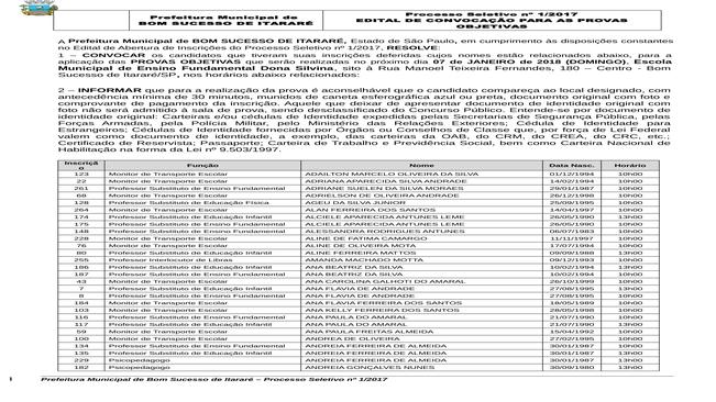 Edital de Deferimento das Inscrições do Processo Seletivo nº01/2017 - Convocação para prova objetiva