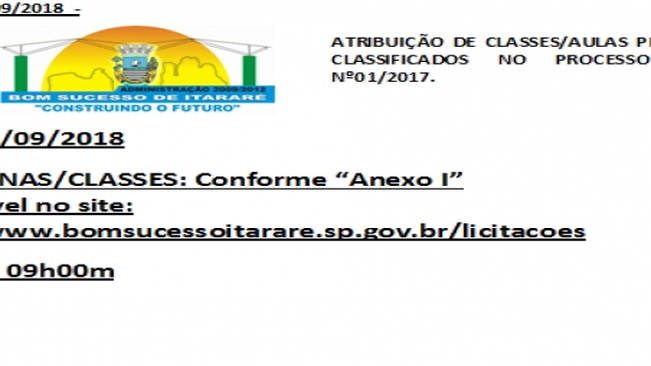 Atribuição de Classes e Aulas - Processo Seletivo nº01/2017 - Professor de Educação Física